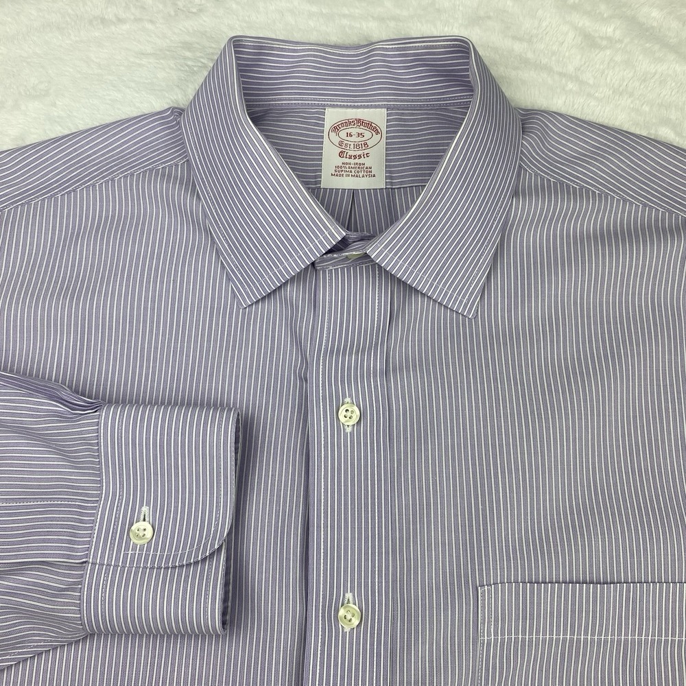 Brooks‎ Brothers Dress Shirt Mens 16-35 Purple/White Stripes Classic Fit No Iron